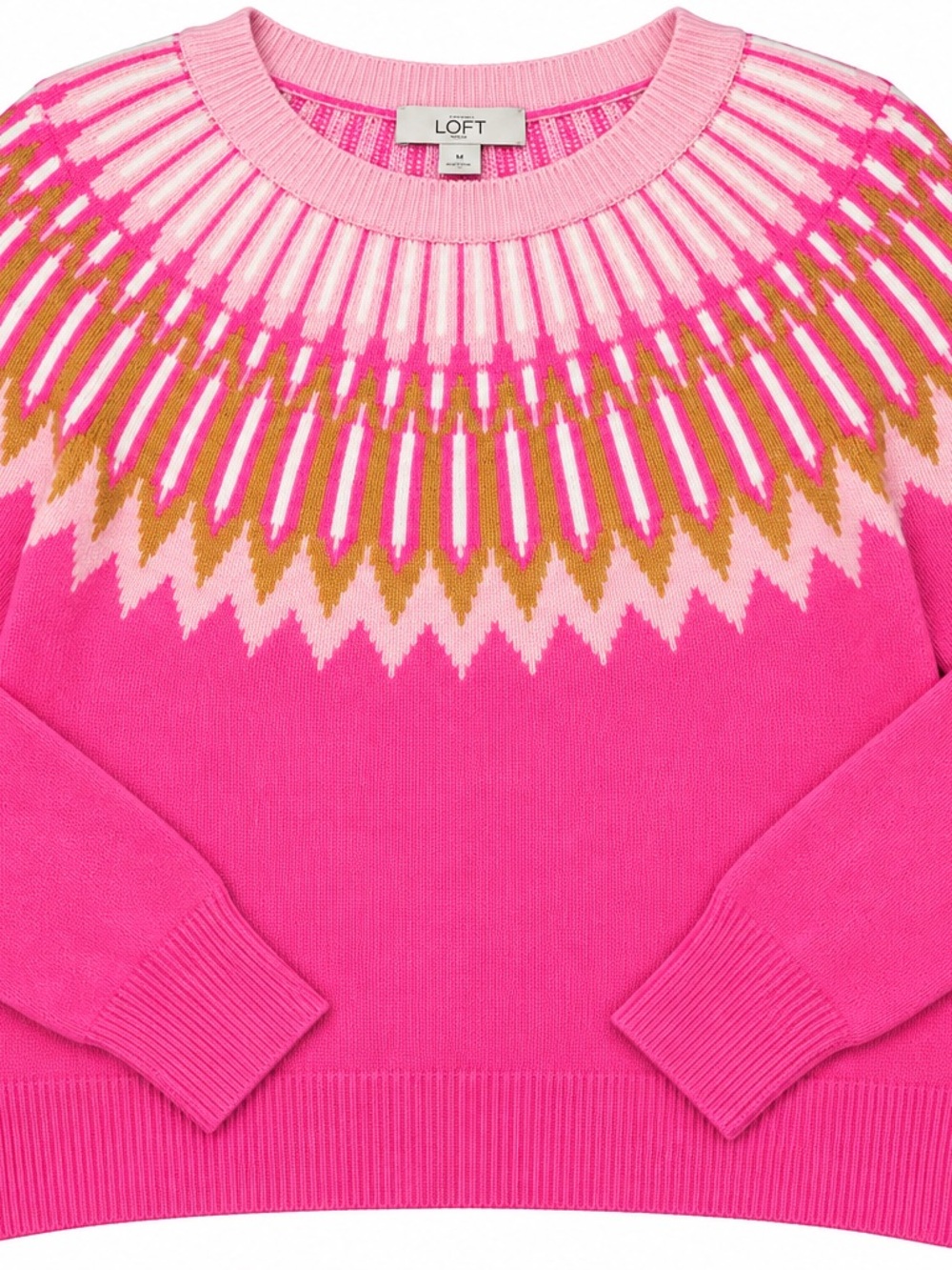 LOFT Bright Pink Fair Isle Scoopneck Sweater with Cream & Tan Yoke